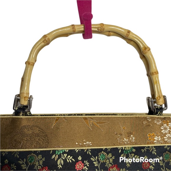 Asian Style Fabric Bag Bamboo Handles Zip Close - Picture 3 of 9